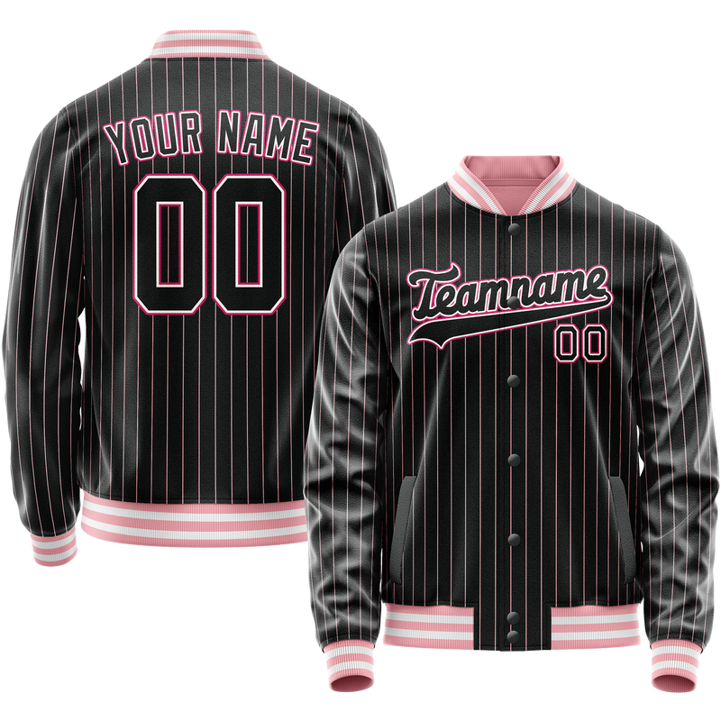 Custom Black Pink Pink Pinstripe Varsity Letterman Jacket JA02240617HF036
