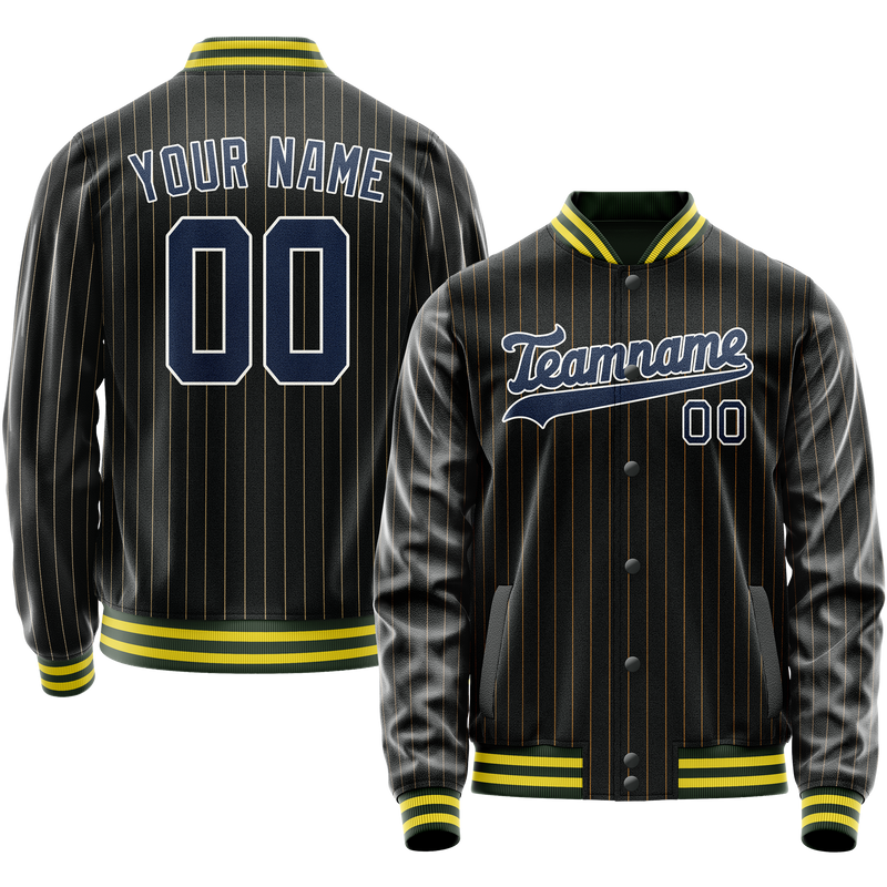Custom Black Royal Old Gold Pinstripe Varsity Letterman Jacket JA02240617HF033