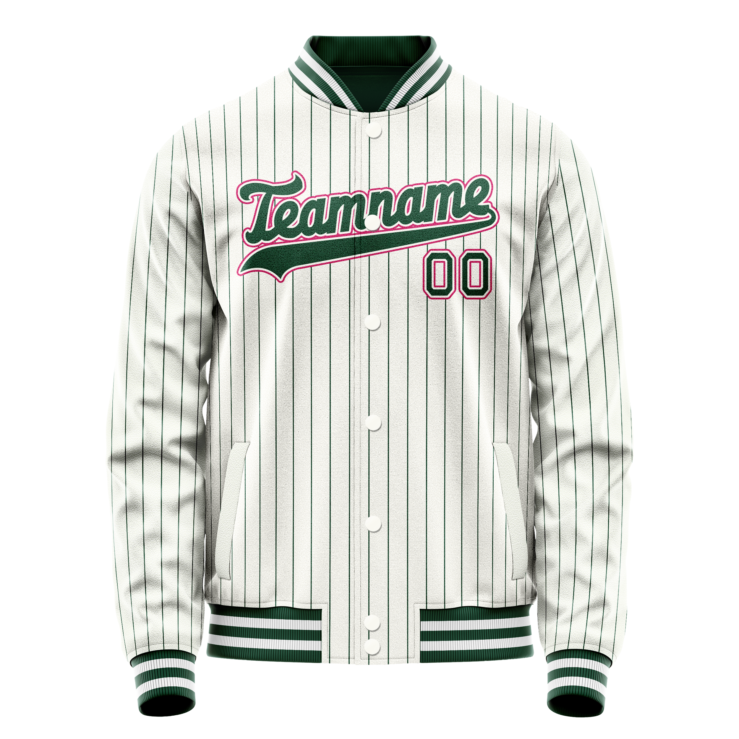 Custom White Pink Kelly Green Pinstripe Varsity Letterman Jacket JA02240617JC503