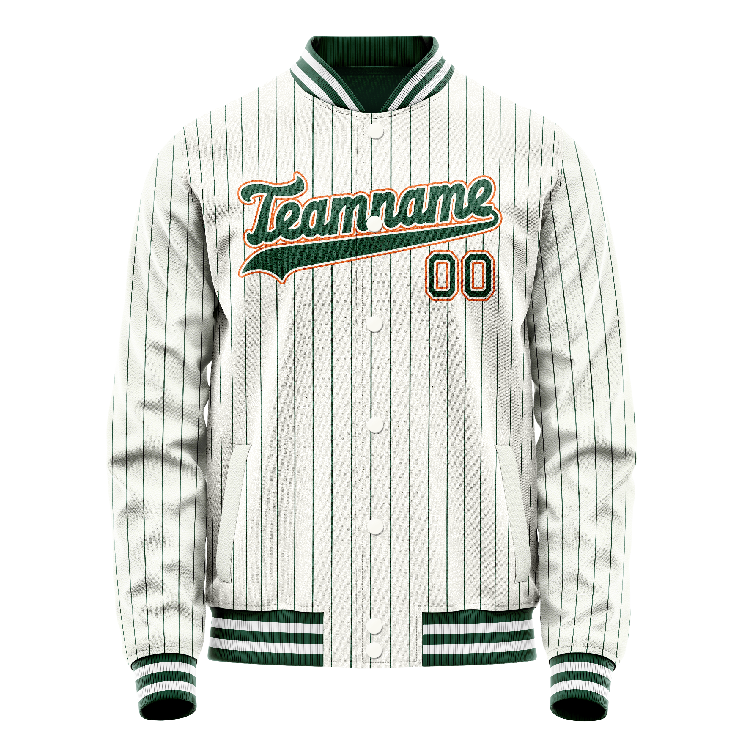 Custom White Orange Kelly Green Pinstripe Varsity Letterman Jacket JA02240617JC494