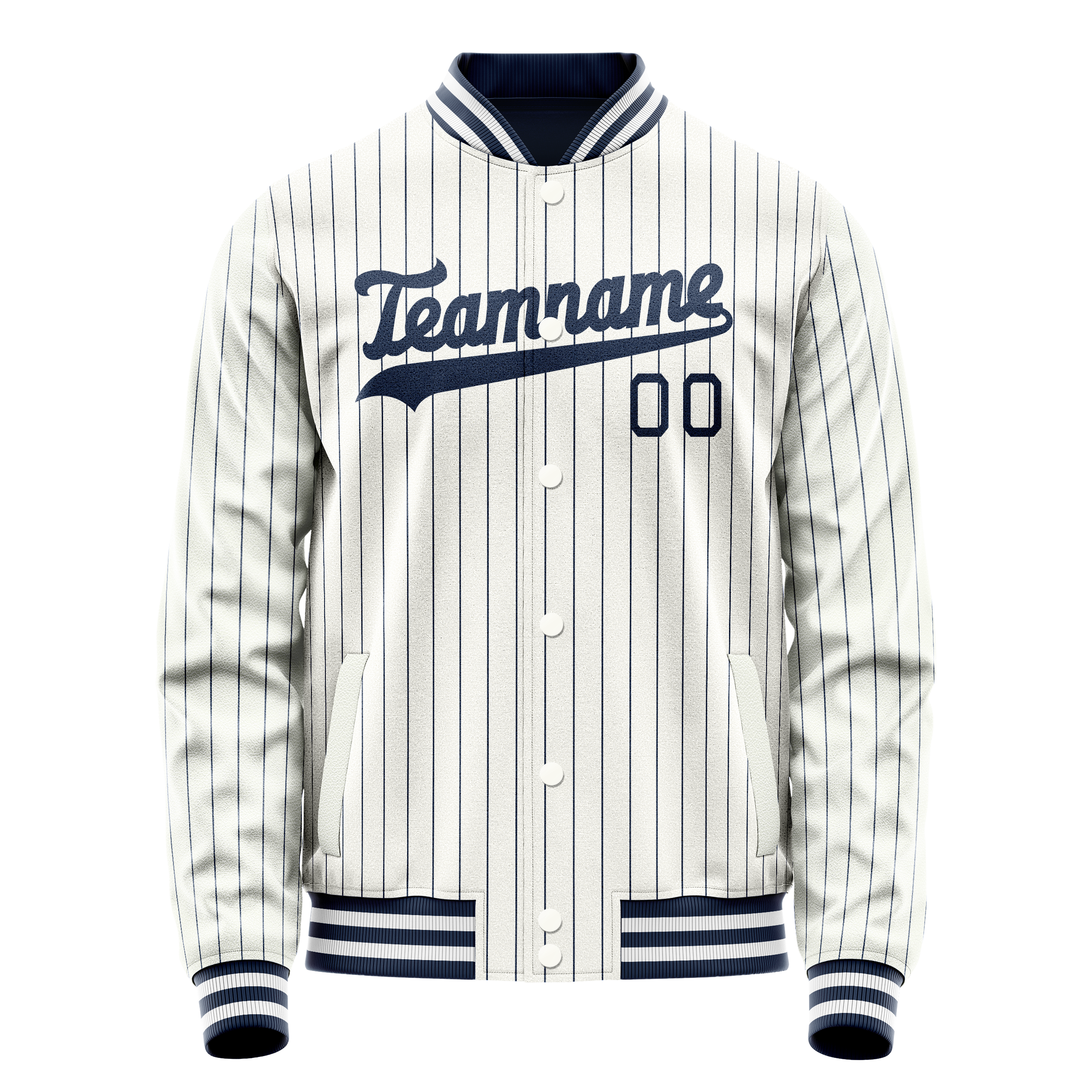 Custom White Navy Navy Pinstripe Varsity Letterman Jacket JA02240617JC478