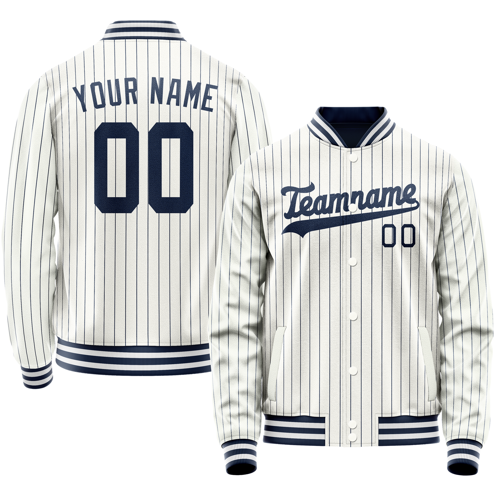 Custom White Navy Navy Pinstripe Varsity Letterman Jacket JA02240617JC478