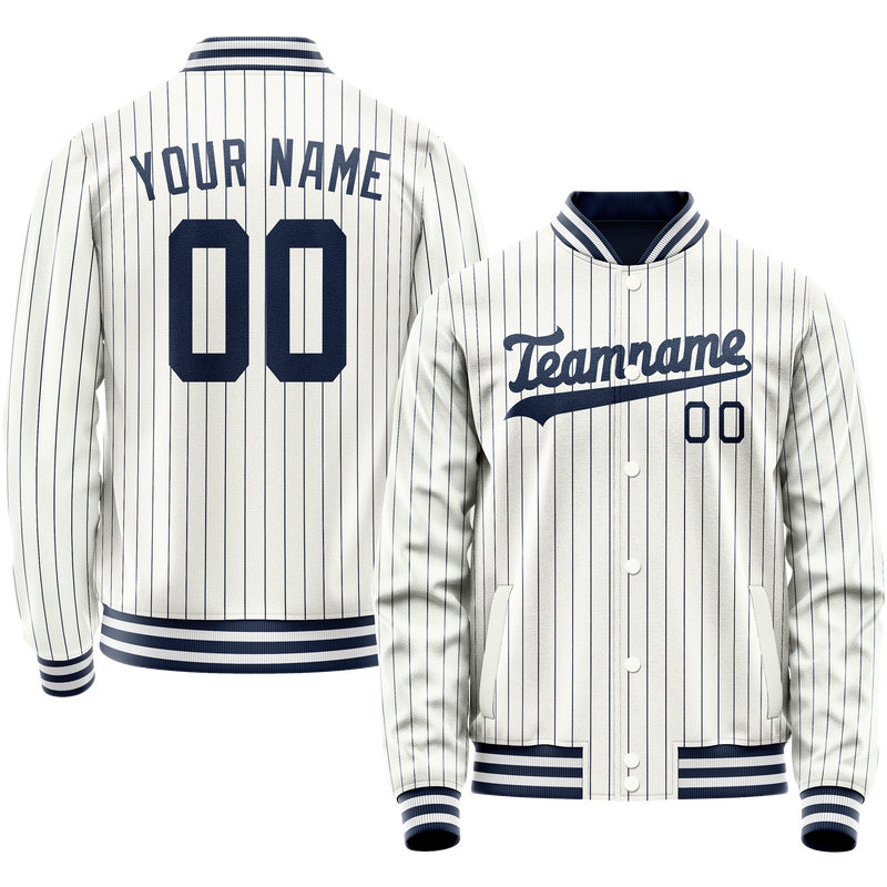 Custom White Navy Navy Pinstripe Varsity Letterman Jacket JA02240617JC478