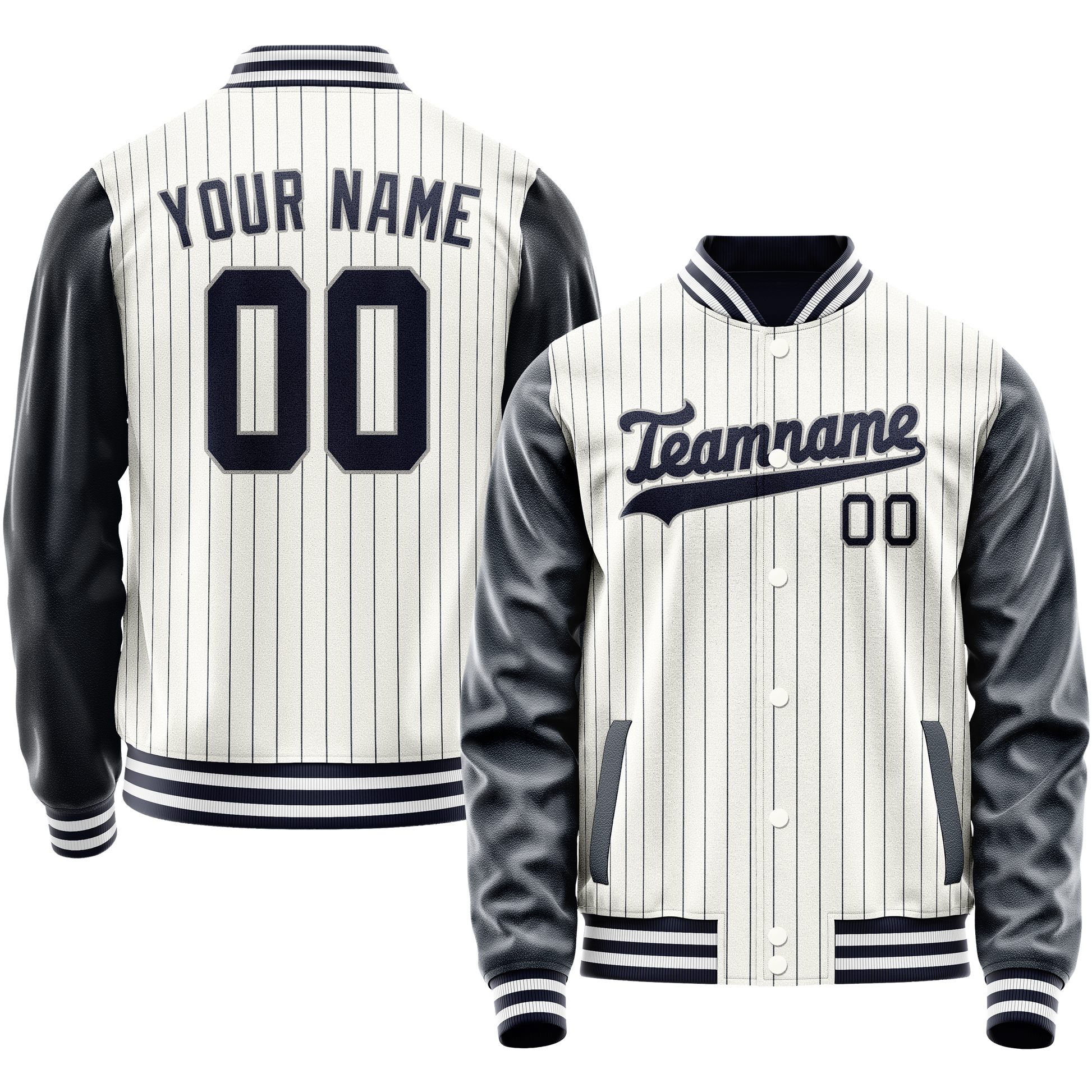 Custom White Navy Navy Pinstripe Varsity Letterman Jacket JA02240617JC499