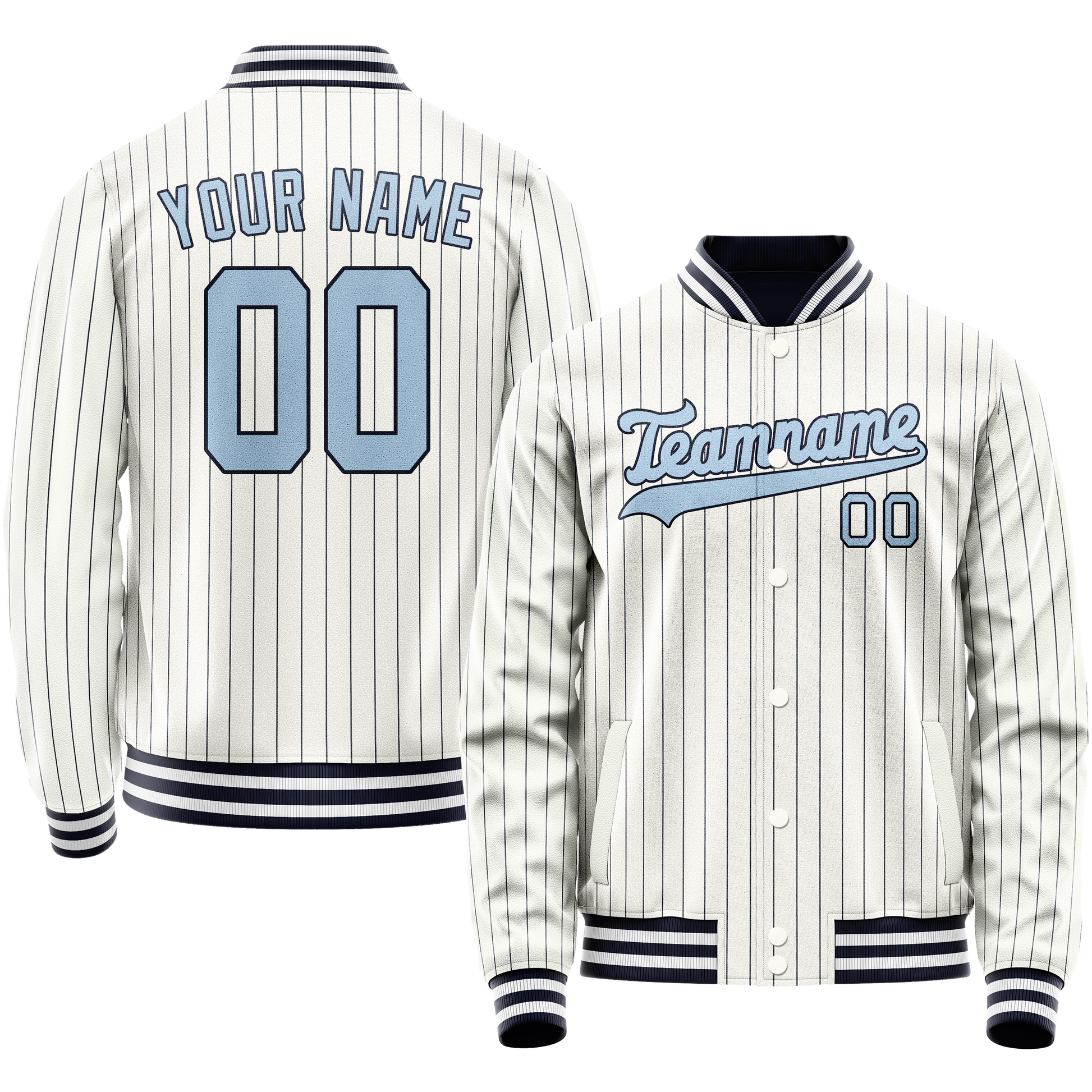 Custom White Light-Blue Navy Pinstripe Varsity Letterman Jacket JA02240617JC496