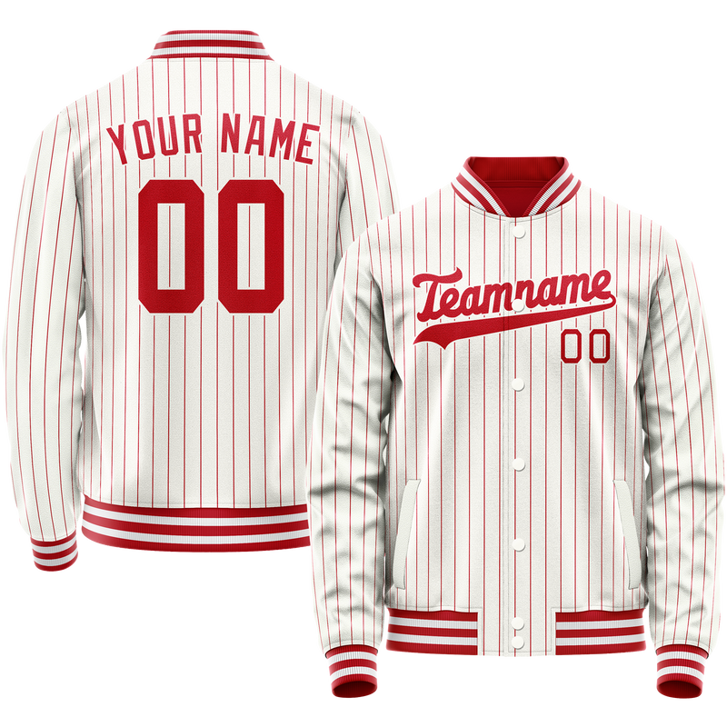 Custom White Red Red Pinstripe Varsity Letterman Jacket JA02240617JC505