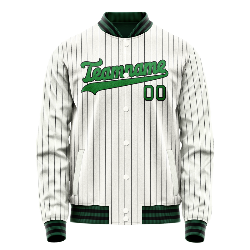 Custom White Neon-Green Black Pinstripe Varsity Letterman Jacket JA02240617JC500