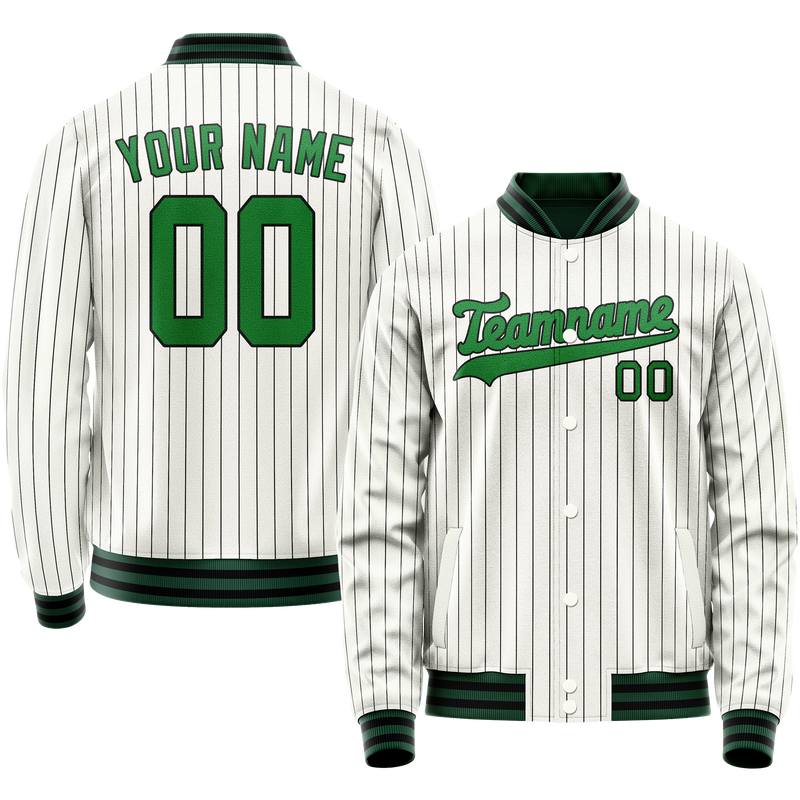 Custom White Neon-Green Black Pinstripe Varsity Letterman Jacket JA02240617JC500