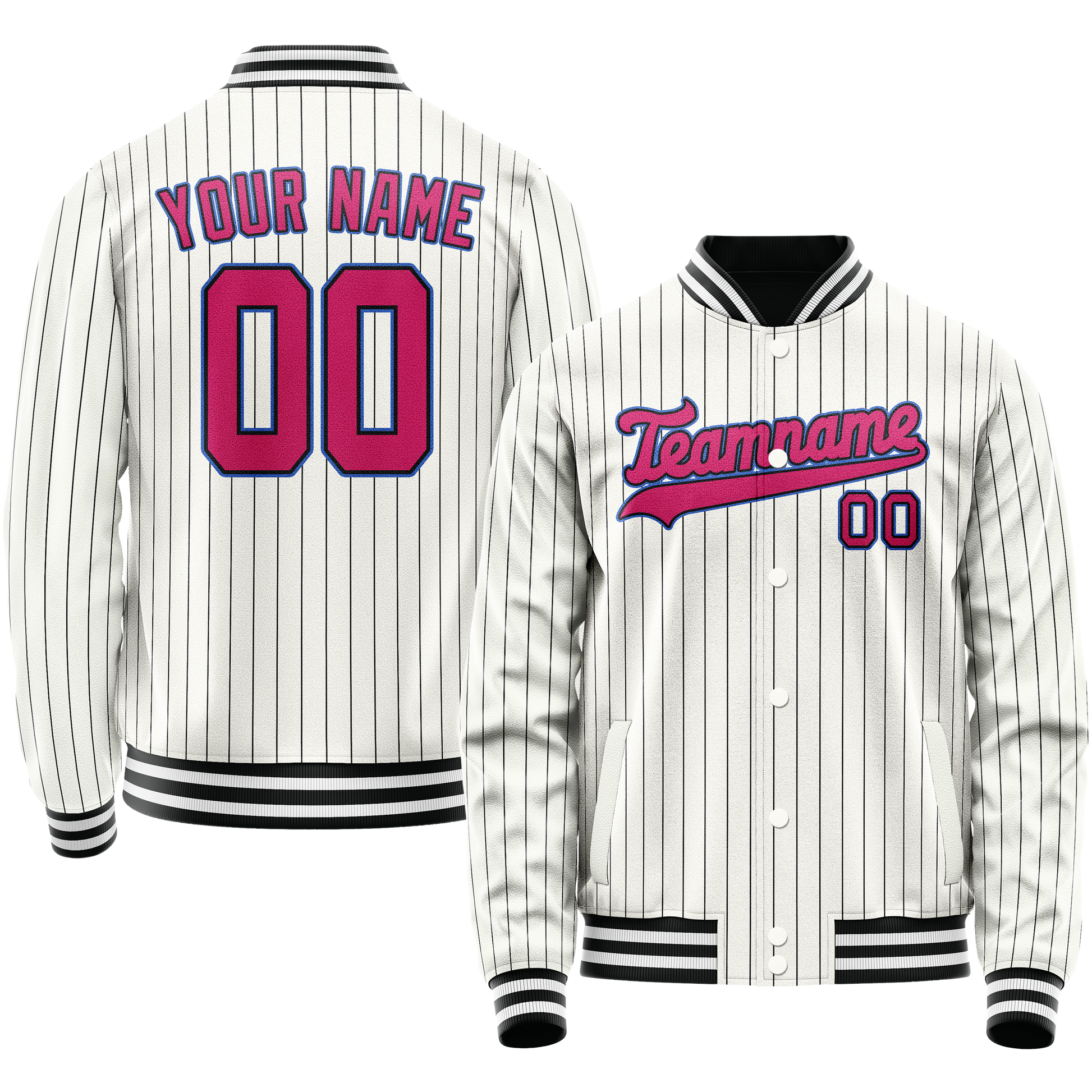 Custom White Pink Black Pinstripe Varsity Letterman Jacket JA02240617JC489