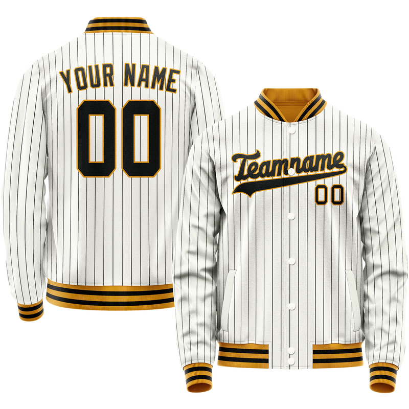Custom White Black Black Pinstripe Varsity Letterman Jacket JA02240617JC490