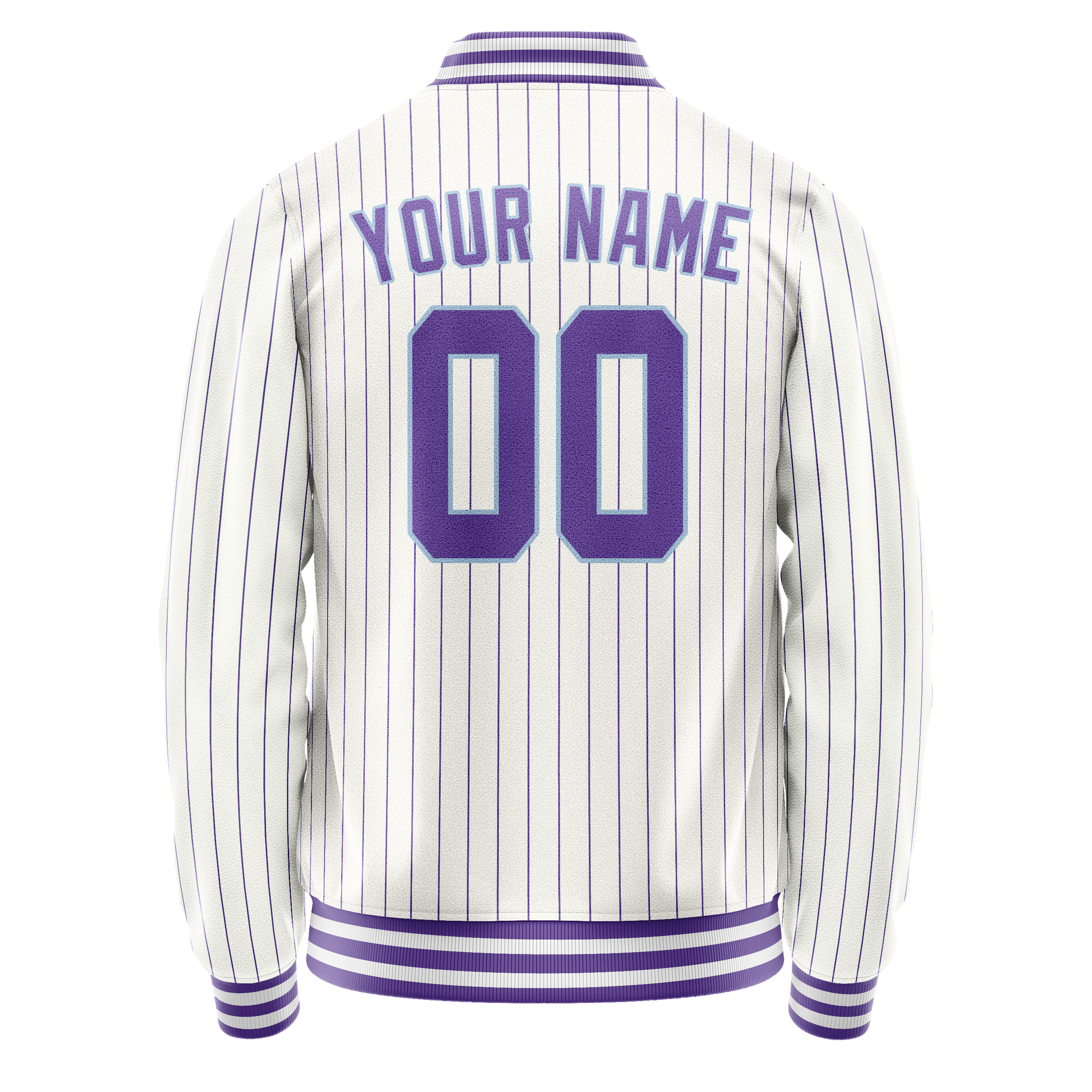Custom White Purple Purple Pinstripe Varsity Letterman Jacket JA02240617JC493