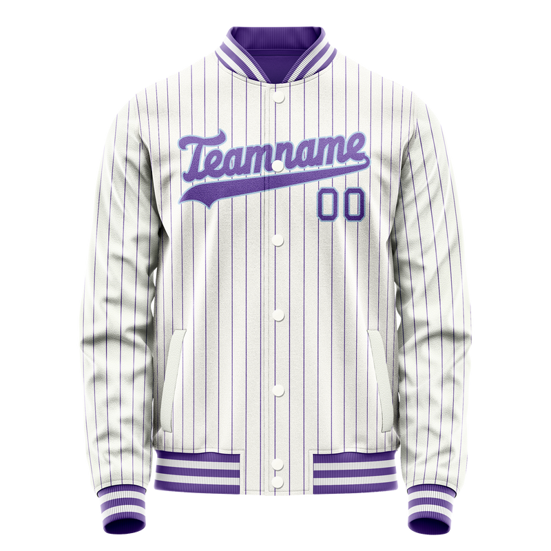 Custom White Purple Purple Pinstripe Varsity Letterman Jacket JA02240617JC493