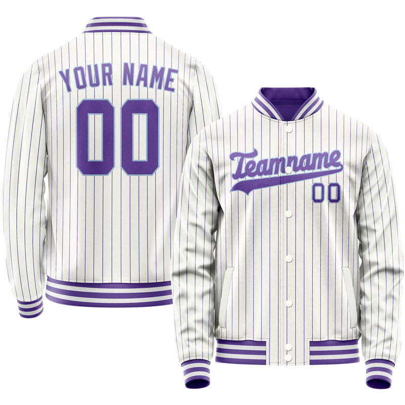 Custom White Purple Purple Pinstripe Varsity Letterman Jacket JA02240617JC493