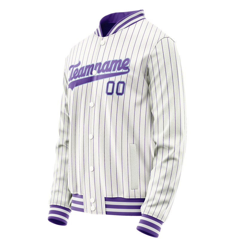 Custom White Purple Purple Pinstripe Varsity Letterman Jacket JA02240617JC493
