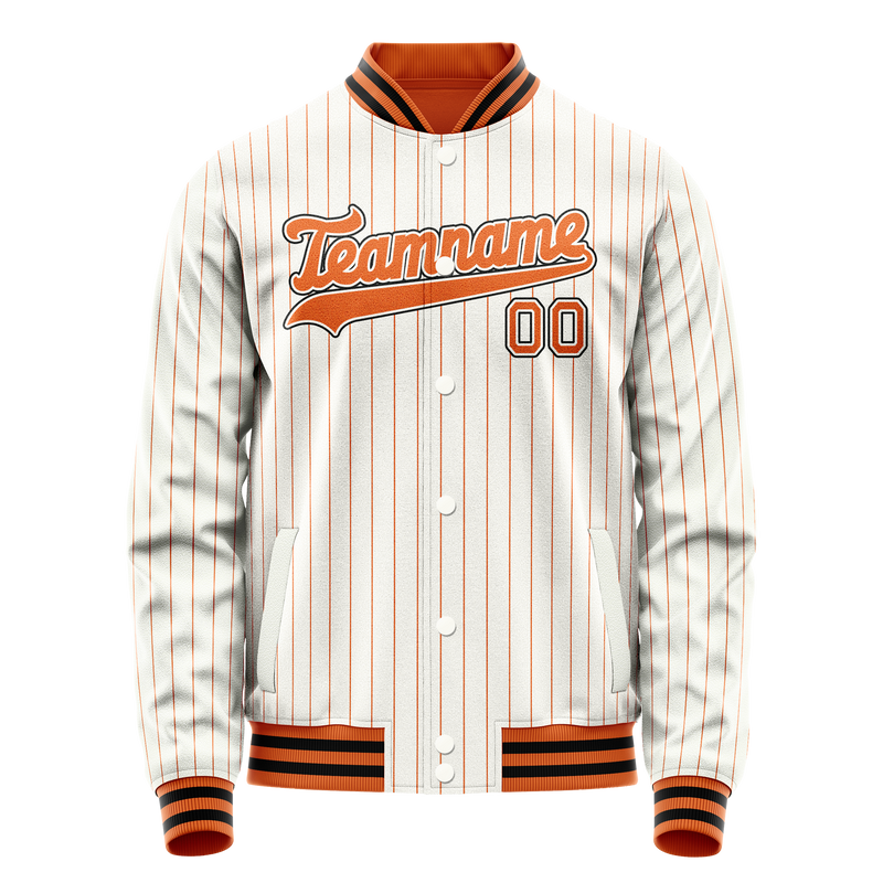 Custom White Orange Orange Pinstripe Varsity Letterman Jacket JA02240617JC483