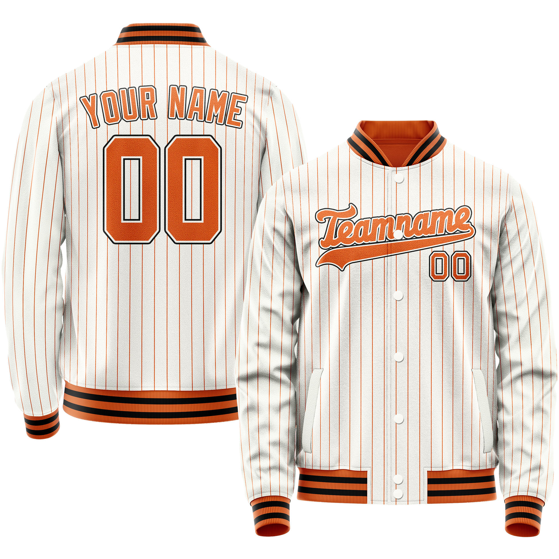 Custom White Orange Orange Pinstripe Varsity Letterman Jacket JA02240617JC483