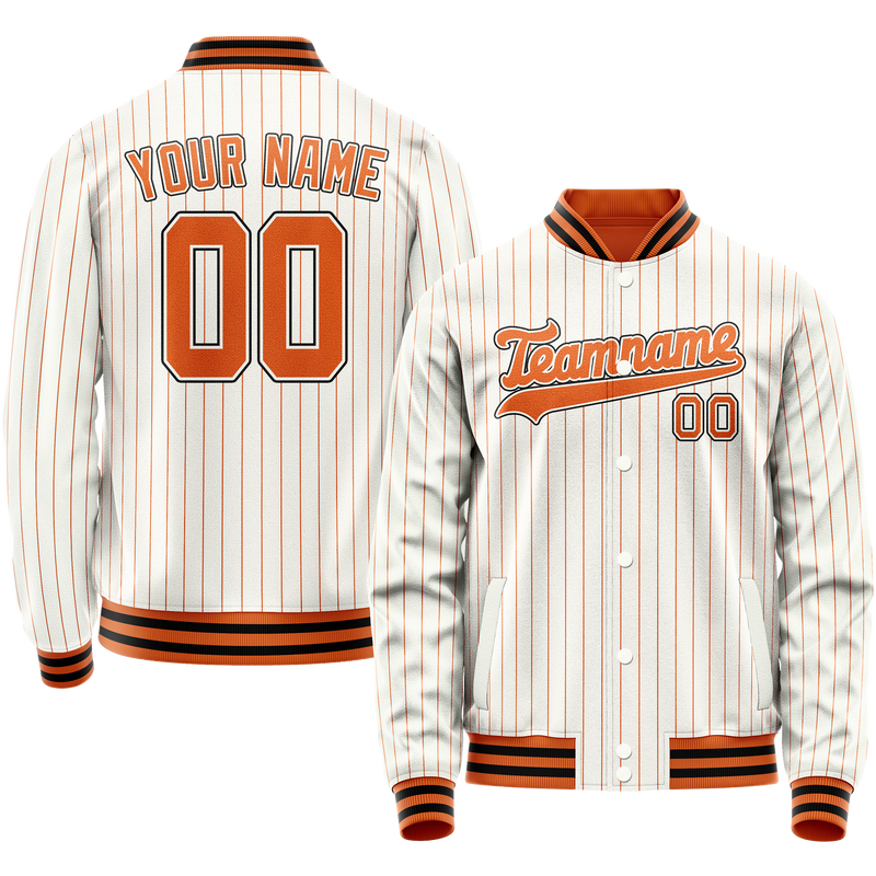 Custom White Orange Orange Pinstripe Varsity Letterman Jacket JA02240617JC483