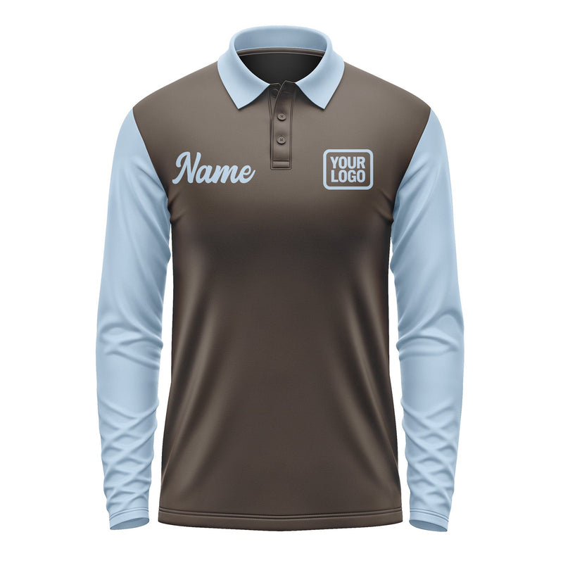 Custom Brown Light Blue Long Sleeve Polo Shirt Pl010808B108