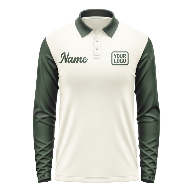 Custom Cream Dark Green Long Sleeve Polo Shirt Pl030606B106