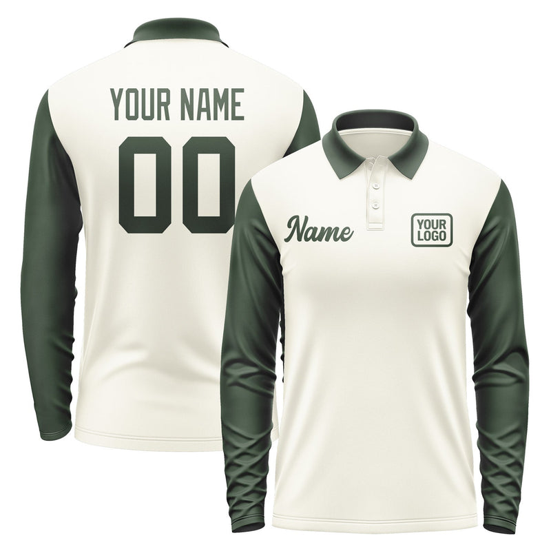 Custom Cream Dark Green Long Sleeve Polo Shirt Pl030606B106