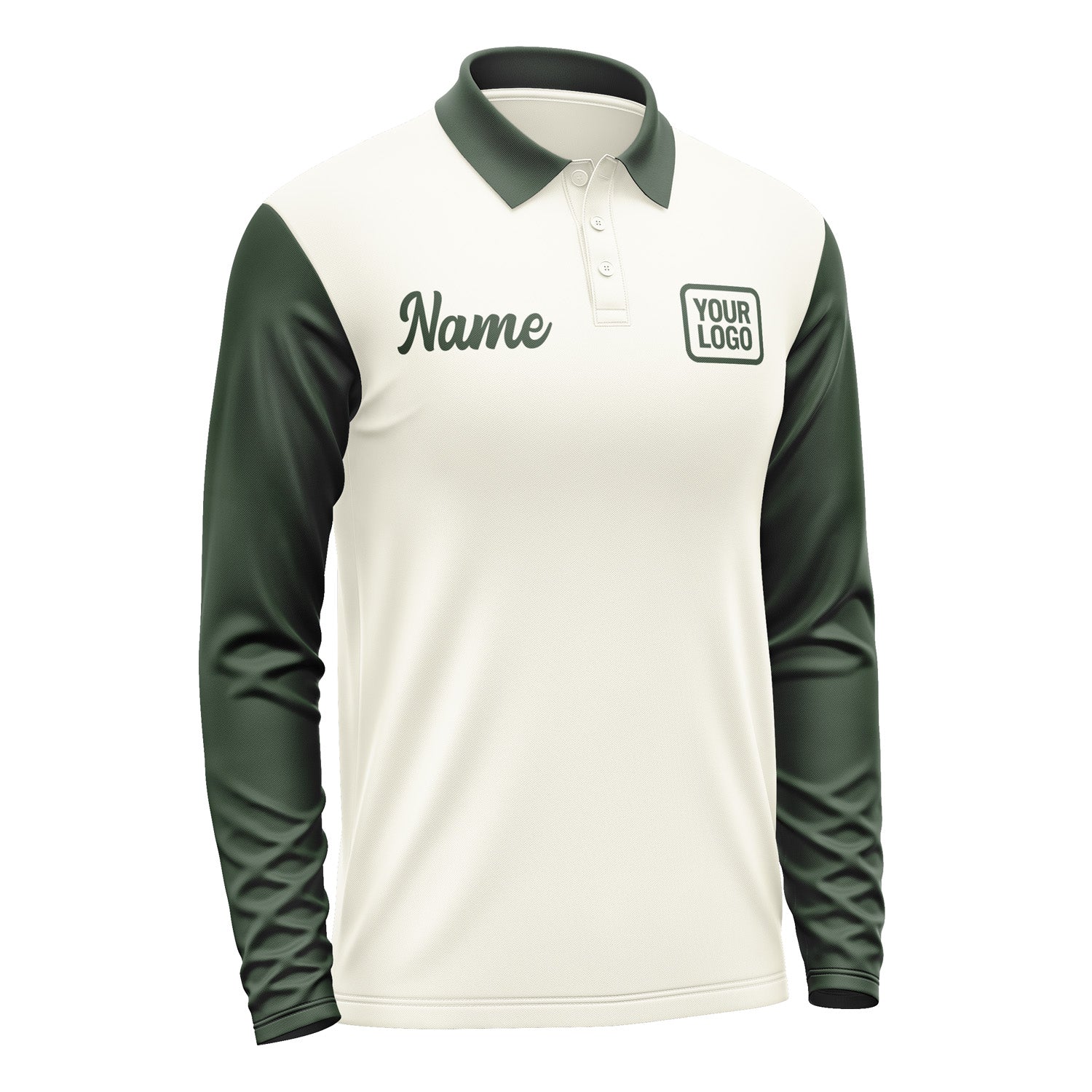 Custom Cream Dark Green Long Sleeve Polo Shirt Pl030606B106