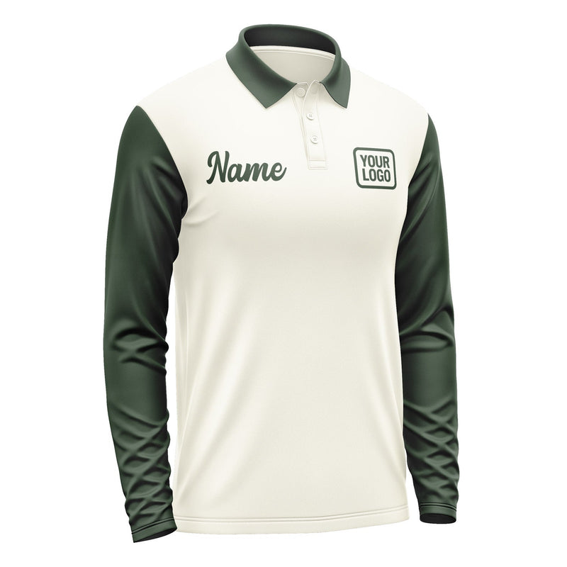 Custom Cream Dark Green Long Sleeve Polo Shirt Pl030606B106