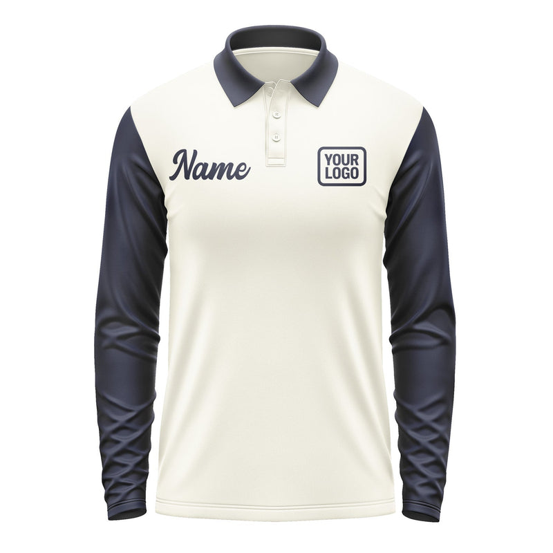 Custom Cream Navy Long Sleeve Polo Shirt Pl031111B111