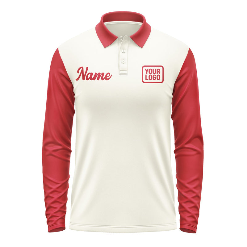 Custom Cream Red Long Sleeve Polo Shirt Pl031414B114
