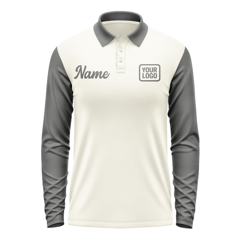 Custom Cream Dark Grey Long Sleeve Polo Shirt Pl032020B120