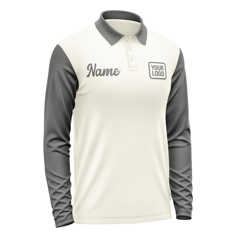 Custom Cream Dark Grey Long Sleeve Polo Shirt Pl032020B120