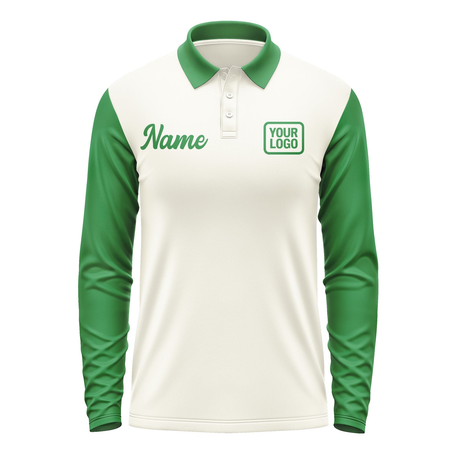 Custom Cream Emerald Green Long Sleeve Polo Shirt Pl032424B124