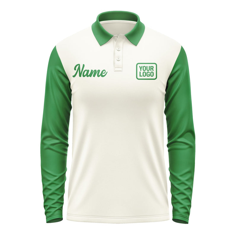 Custom Cream Emerald Green Long Sleeve Polo Shirt Pl032424B124