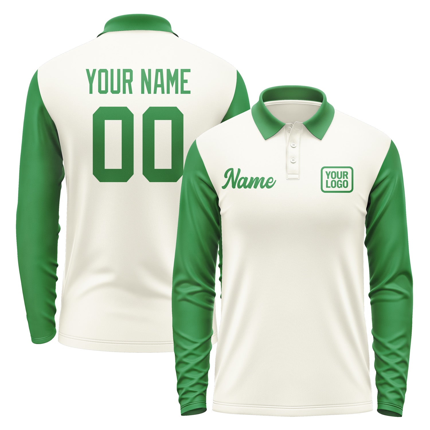 Custom Cream Emerald Green Long Sleeve Polo Shirt Pl032424B124
