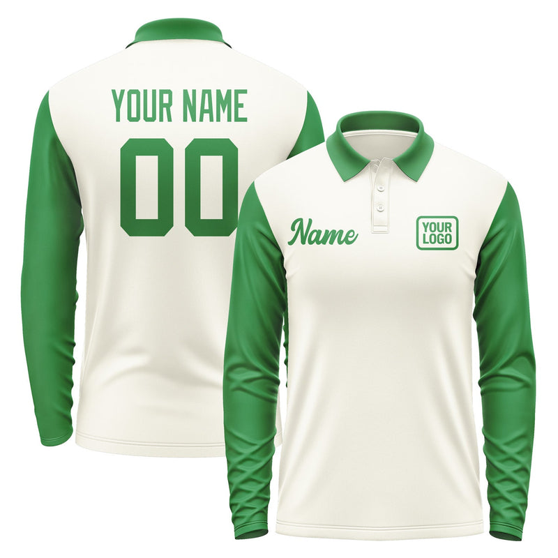 Custom Cream Emerald Green Long Sleeve Polo Shirt Pl032424B124