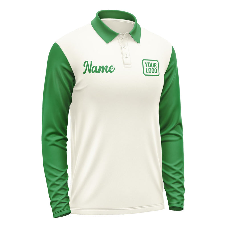 Custom Cream Emerald Green Long Sleeve Polo Shirt Pl032424B124