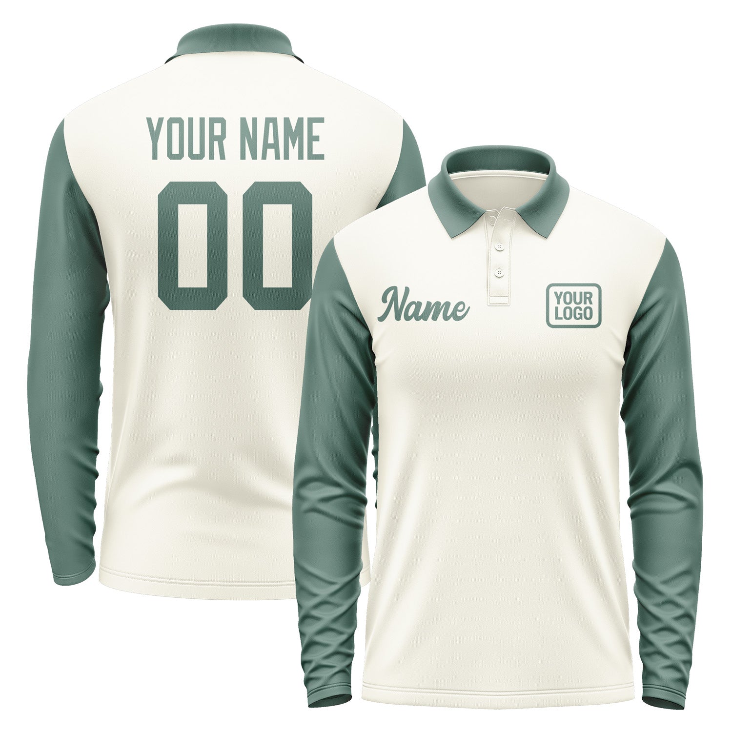Custom Cream Blue Green Long Sleeve Polo Shirt Pl032727B127