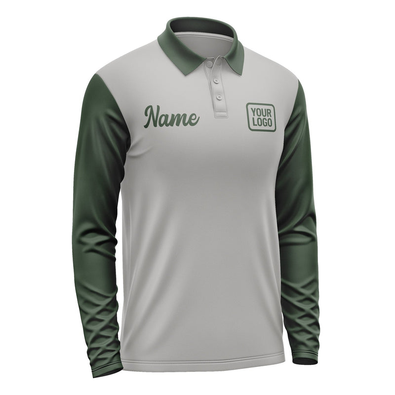 Custom Gray Dark Green Long Sleeve Polo Shirt Pl040606B106