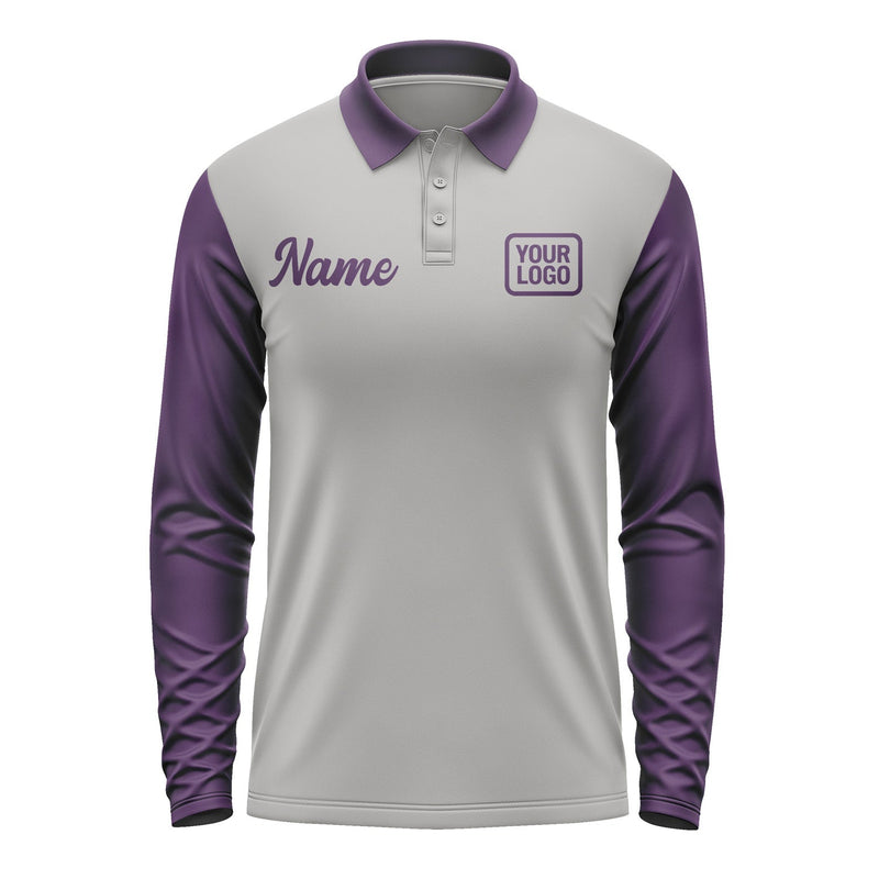 Custom Gray Purple Long Sleeve Polo Shirt Pl040707B107