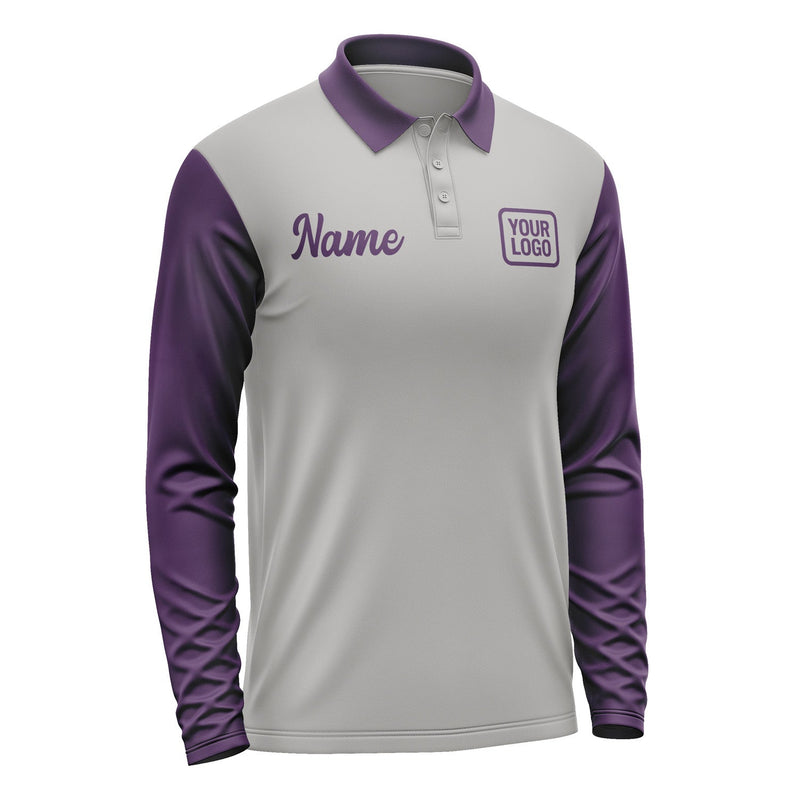 Custom Gray Purple Long Sleeve Polo Shirt Pl040707B107