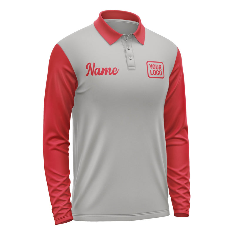 Custom Gray Red Long Sleeve Polo Shirt Pl041414B114