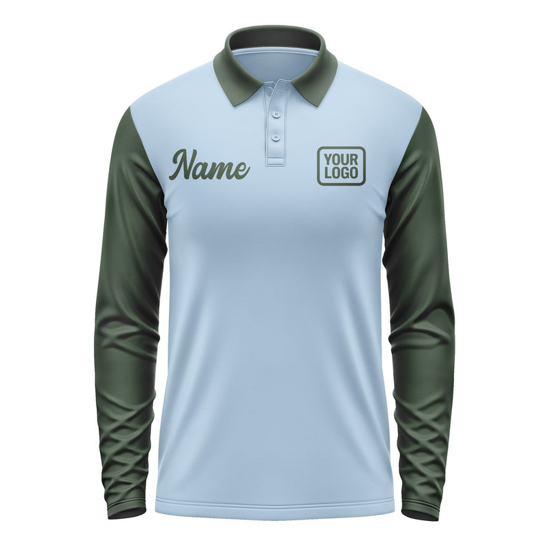 Custom Light Blue Dark Green Long Sleeve Polo Shirt Pl080606B106