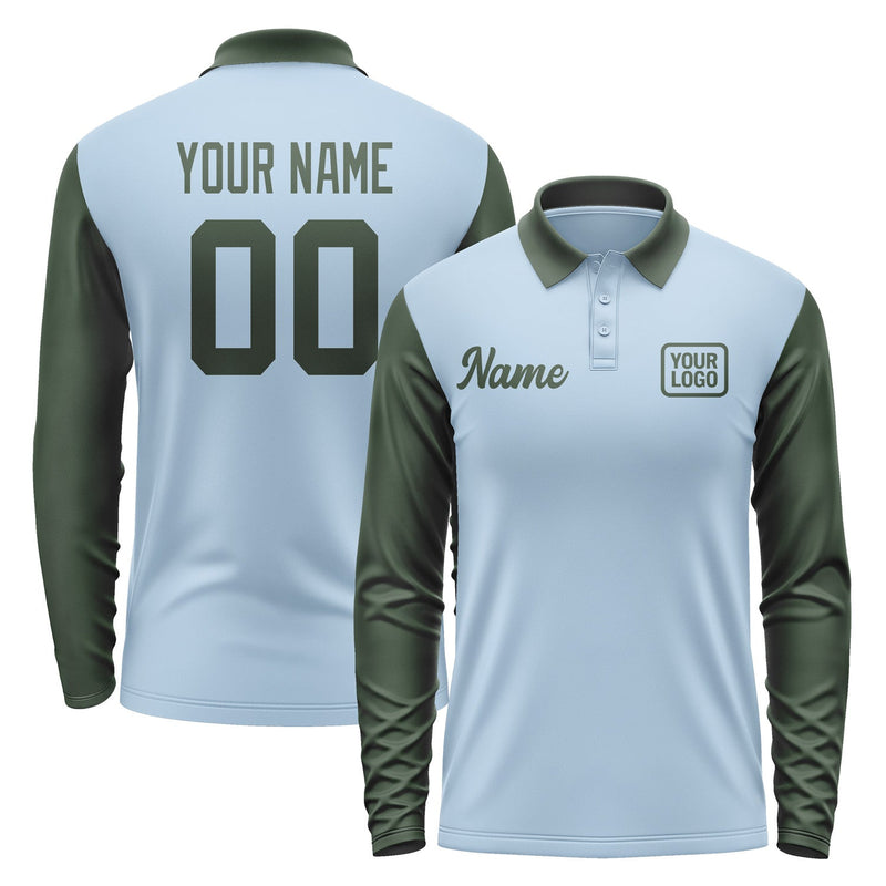 Custom Light Blue Dark Green Long Sleeve Polo Shirt Pl080606B106