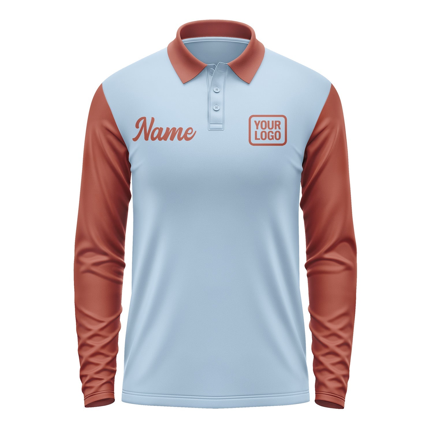 Custom Light Blue Coral Red Long Sleeve Polo Shirt Pl081616B116