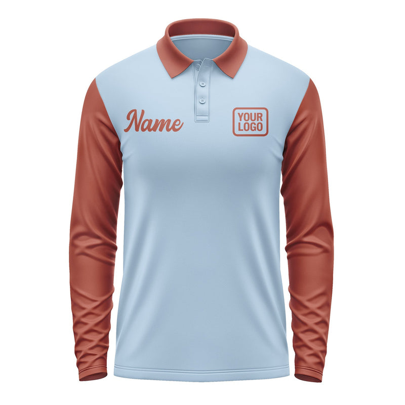 Custom Light Blue Coral Red Long Sleeve Polo Shirt Pl081616B116