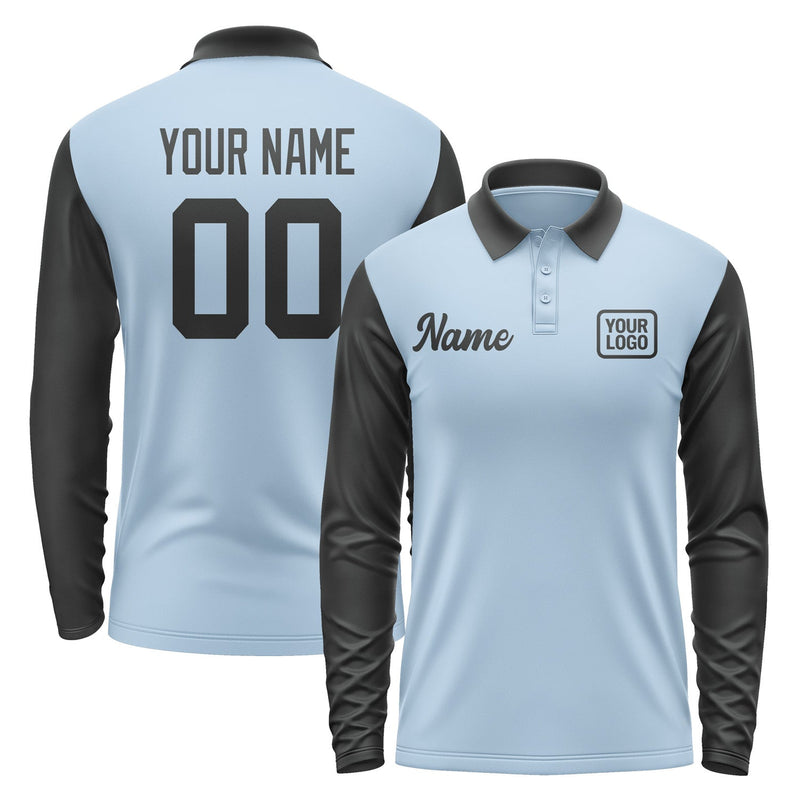Custom Light Blue Black Long Sleeve Polo Shirt Pl081717B117