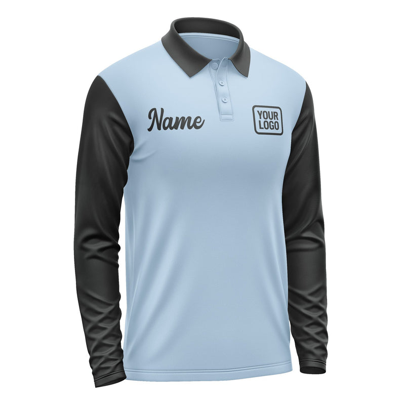 Custom Light Blue Black Long Sleeve Polo Shirt Pl081717B117