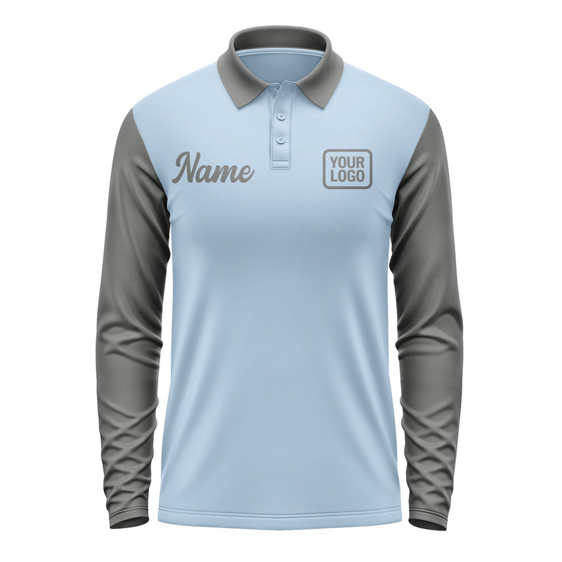 Custom Light Blue Dark Grey Long Sleeve Polo Shirt Pl082020B120