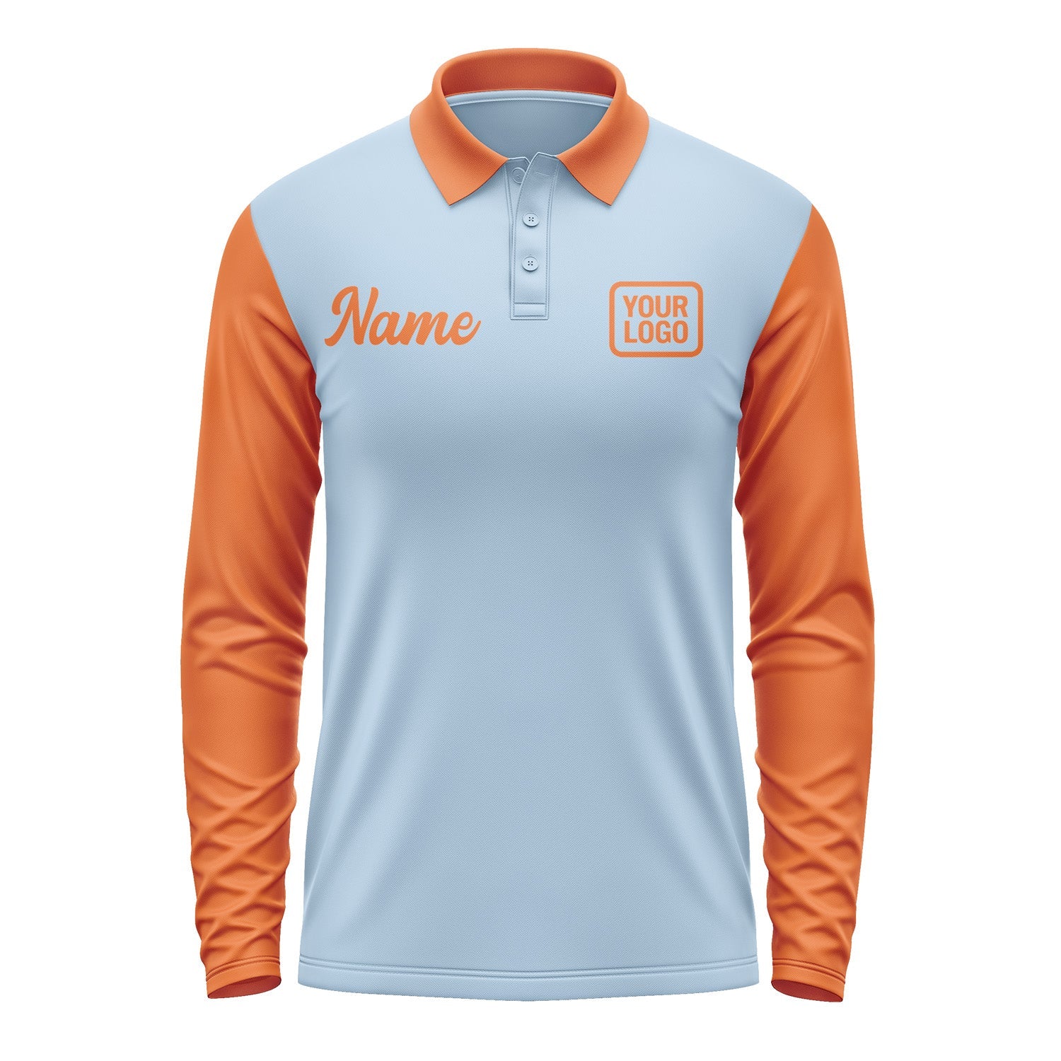Custom Light Blue Orange Long Sleeve Polo Shirt Pl082828B128