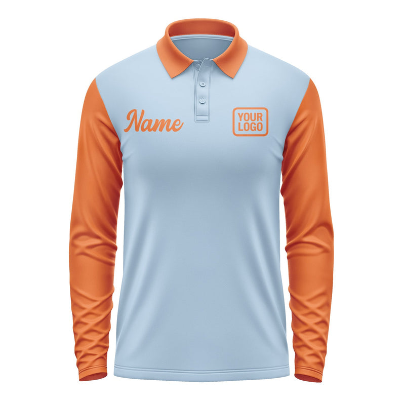 Custom Light Blue Orange Long Sleeve Polo Shirt Pl082828B128