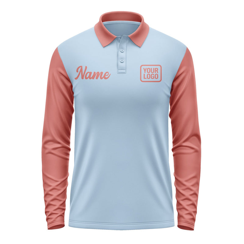 Custom Light Blue Copper Rose Long Sleeve Polo Shirt Pl082929B129